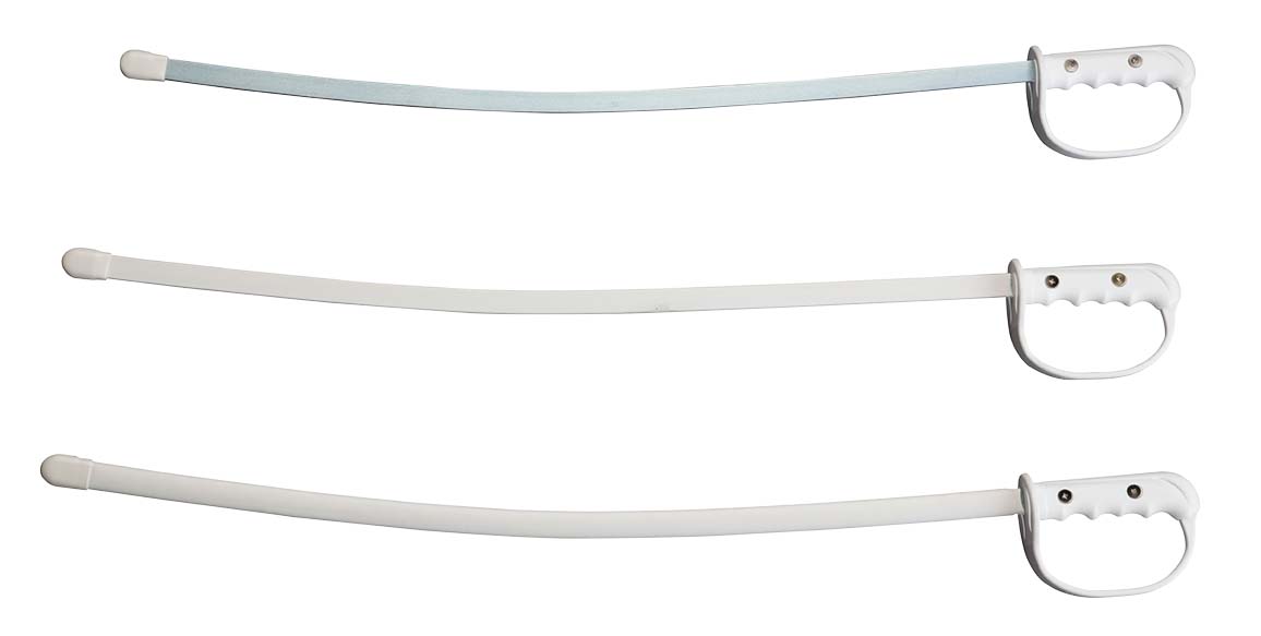 Three white plastic strap-like products with looped handles, arranged horizontally on a plain white background.