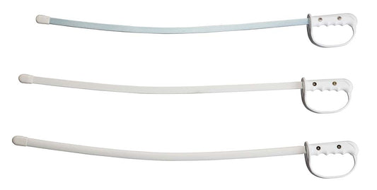 Three white plastic strap-like products with looped handles, arranged horizontally on a plain white background.