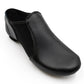 Three-quarter angled view of E-Series Jazz Slip On shoes in Black on a solid white background.
