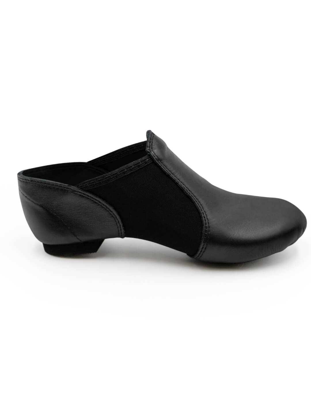 Side profile view of a pair of E-Series Jazz Slip On shoes together in Black on a seamless white background.