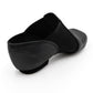Back heel view of E-Series Jazz Slip On dance shoes in Black against a white background.