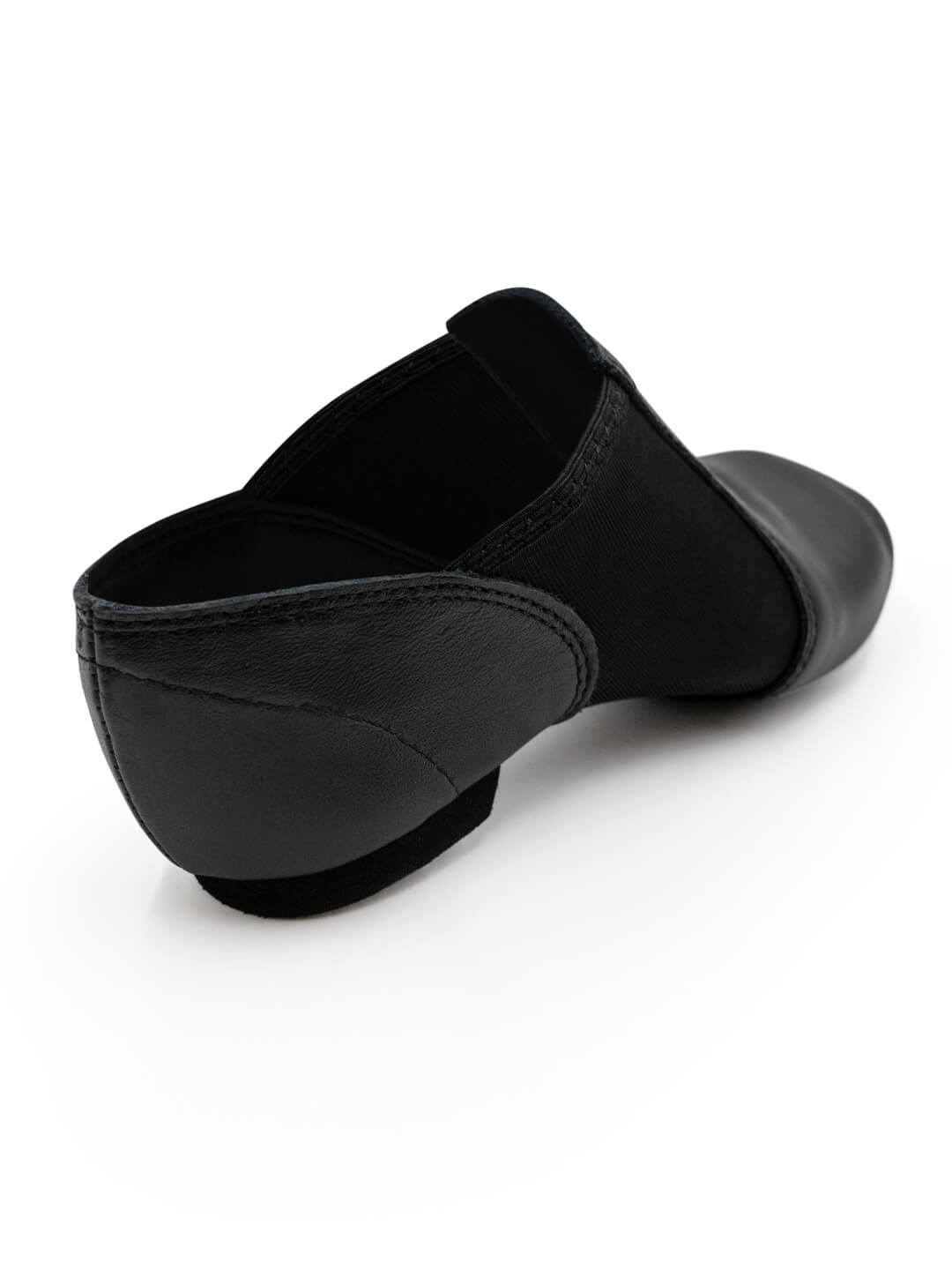 Back heel view of E-Series Jazz Slip On dance shoes in Black against a white background.