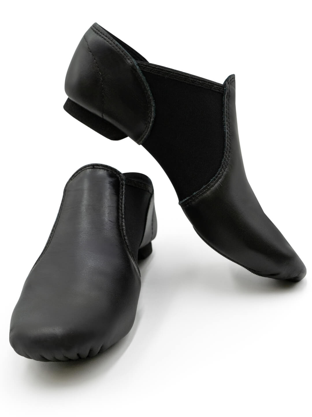 Front view of a pair of E-Series Jazz Slip On jazz shoes in Black, isolated on a white background.