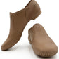 Front view of a pair of E-Series Jazz Slip On jazz shoes together in Caramel, isolated on a white background.