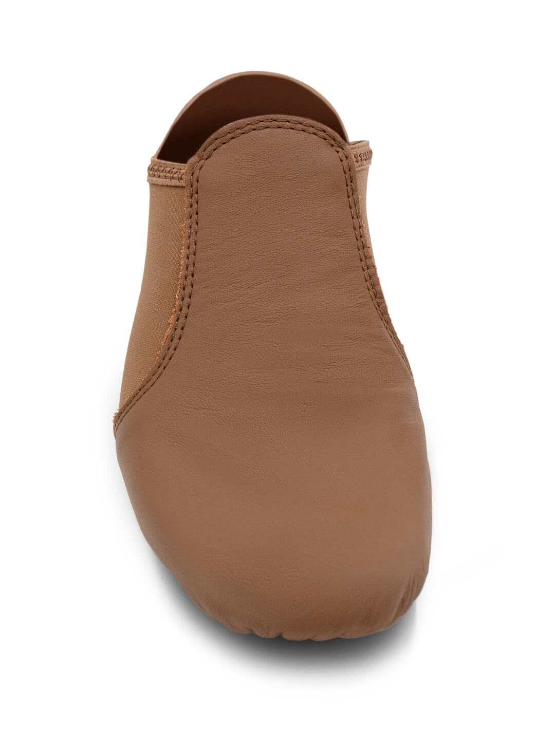 Front view of E-Series Jazz Slip On jazz shoes in Skintone 60, isolated on a white background.