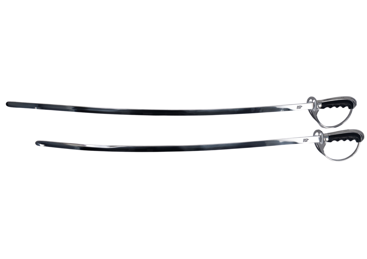 Two black and silver ceremonial or equestrian swords displayed side-by-side on a plain white background.